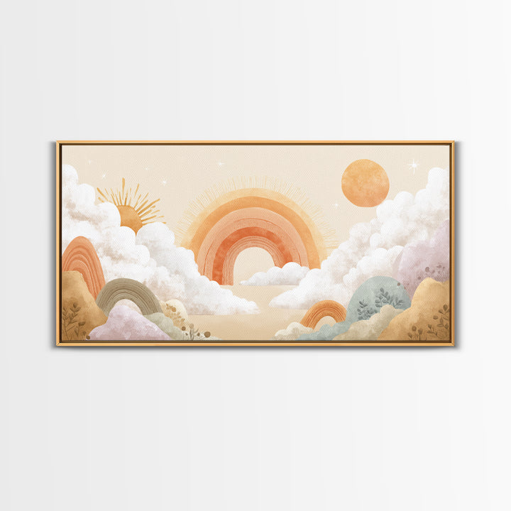 Neutral Boho Sun and Arch Shapes Framed Canvas Print, Nursery Decor, Canvas, Abstract Art, Nursery, Playroom Decor, NDE-2x1-7