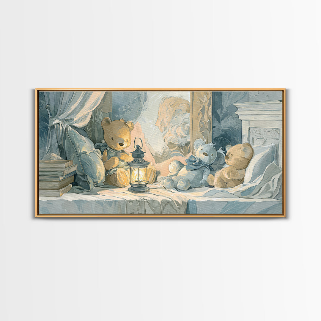 Storybook Bear with Little Lantern Canvas Print, Nursery Decor, Wall, Oil Painting, Nursery, Nursery Wall Decals, NDE-2x1-77