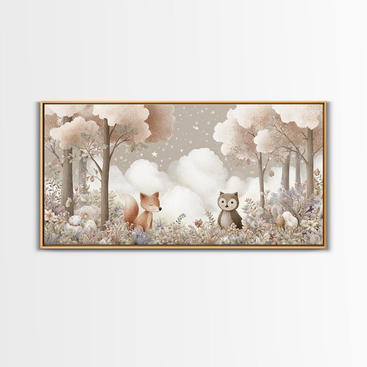 Fox and Owl Friends Canvas Print, Nursery Decor, Canvas, Fine Art, Nursery, Playroom Decor, Floral Wall Art, Botanical Wall Art, NDE-2x1-82