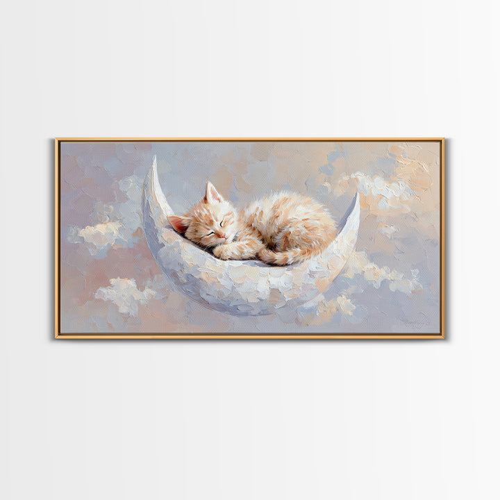 Sleeping Kitten on Crescent Moon Framed Canvas Print, Nursery Decor, Nursery Prints, Fine Art, Nursery, Nursery Wall Decal, NDE-2x1-85