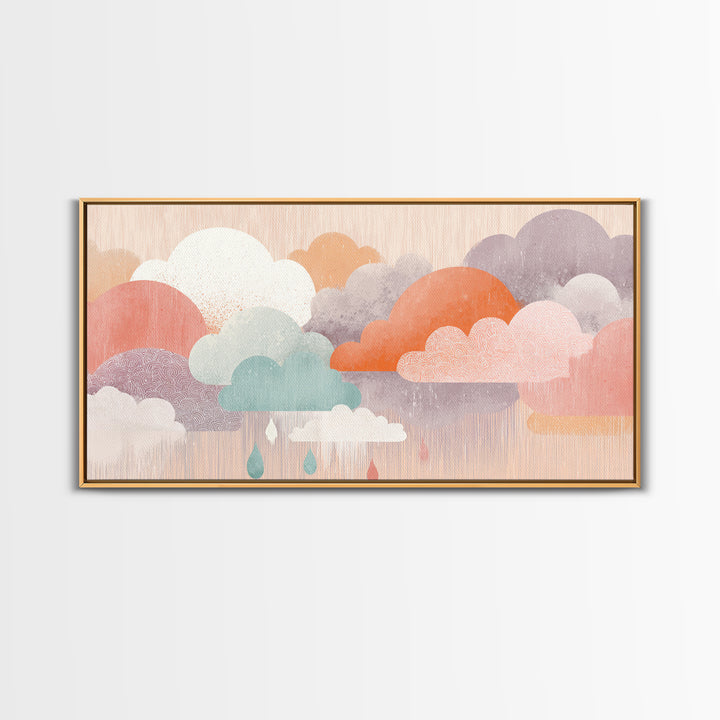 Cloud Rainbow and Raindrop Composition Framed Canvas Print, Nursery Decor, Nursery Art, Fine Art, Nursery, Kids Wall Art, NDE-2x1-88