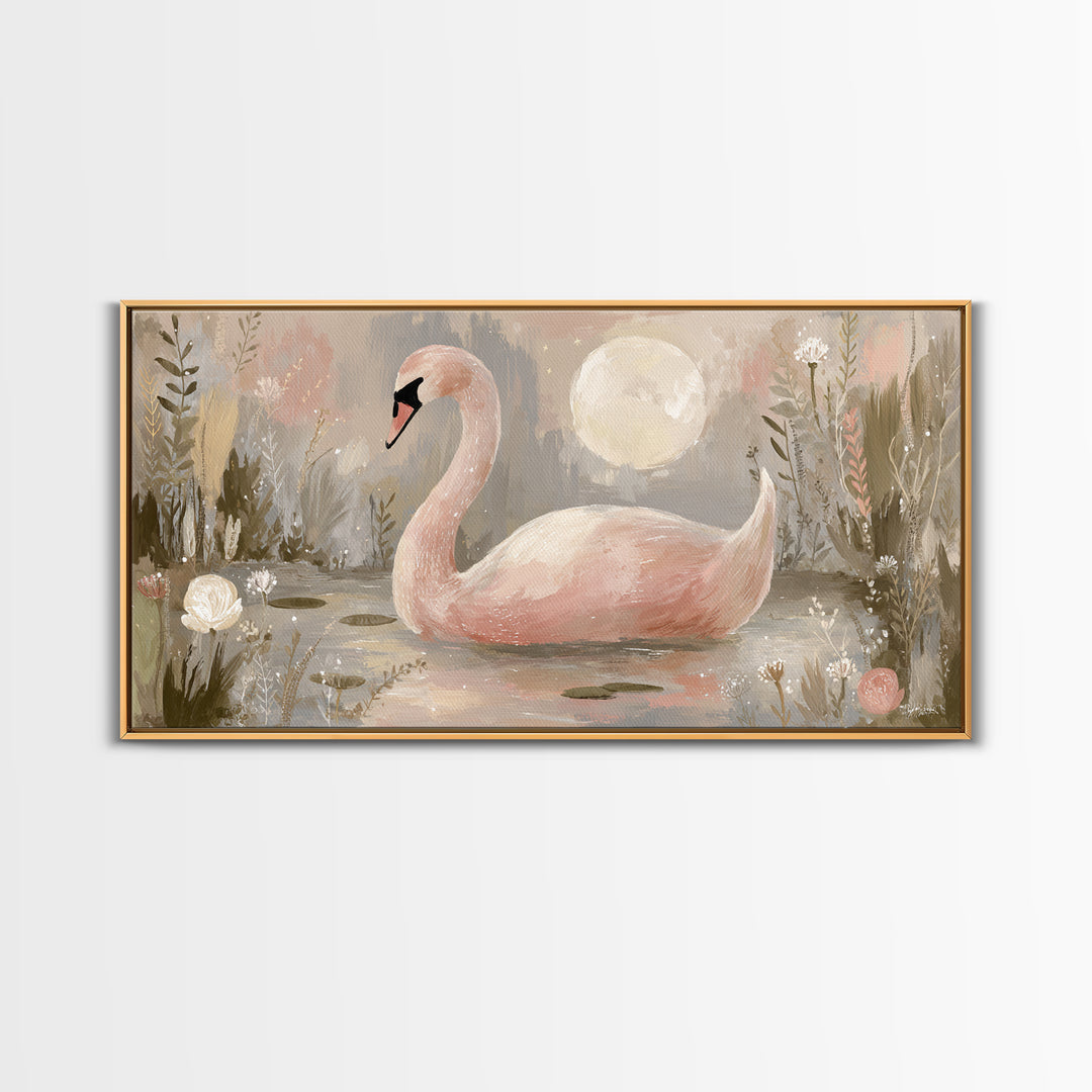 Pink Swan on Calm Pond Framed Canvas Print, Nursery Decor, Printable Wall Art, Nursery, Nursery Prints, Playroom Decor, NDE-2x1-9