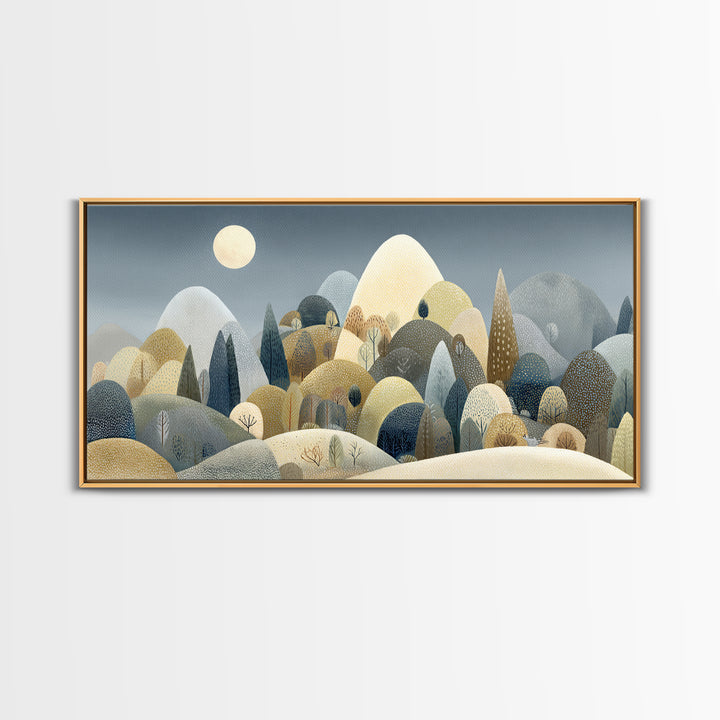 Calm Mountain Nursery Landscape Framed Canvas Print, Nursery Decor, Wall, Nursery, Nursery Wall Decals, Woodland Nursery, NDE-2x1-92