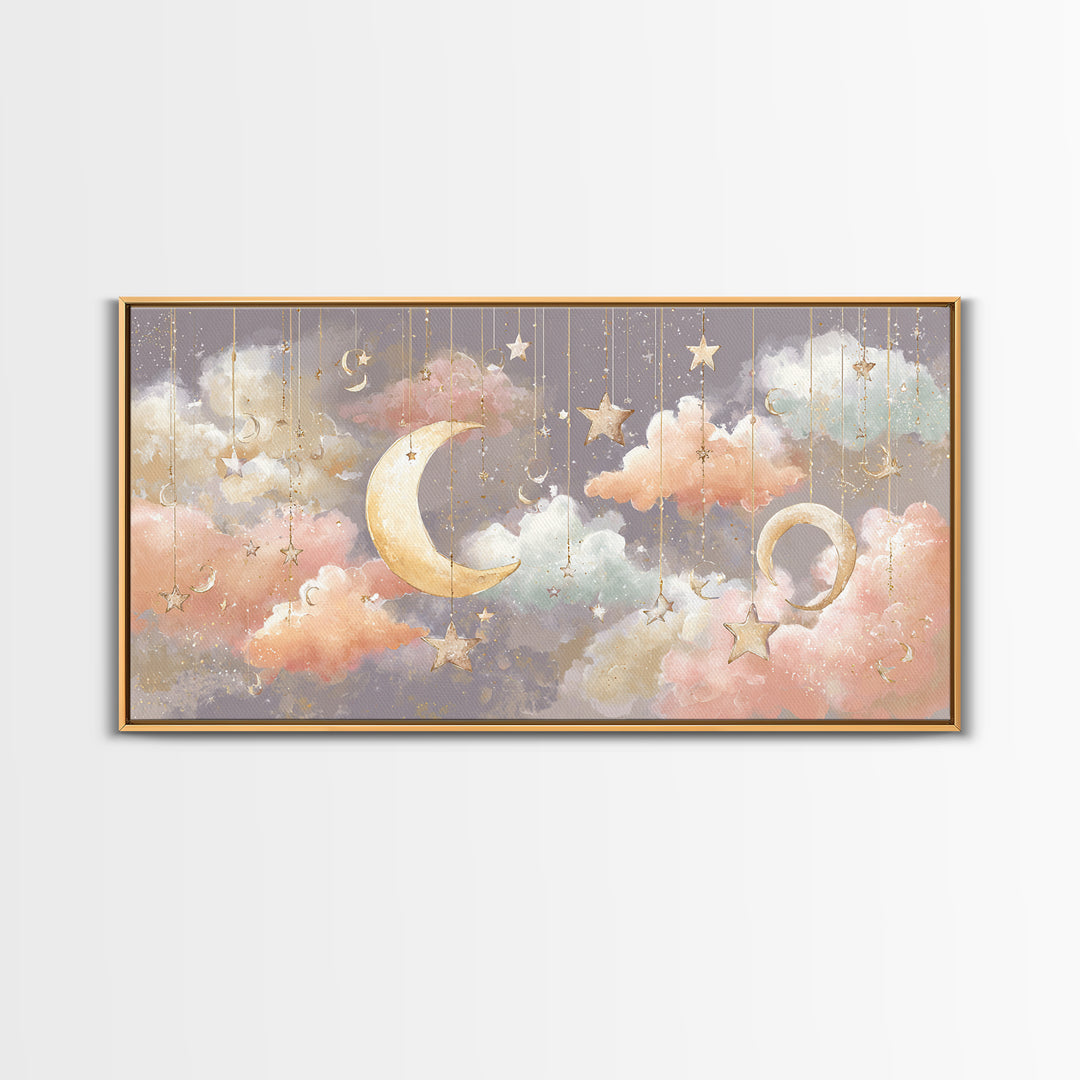 Moon Phase Mobile Framed Canvas Print, Nursery Decor, Neutral Decor, Fine Art, Nursery, Home Decor, Wall Decor, Art Print, NDE-2x1-95