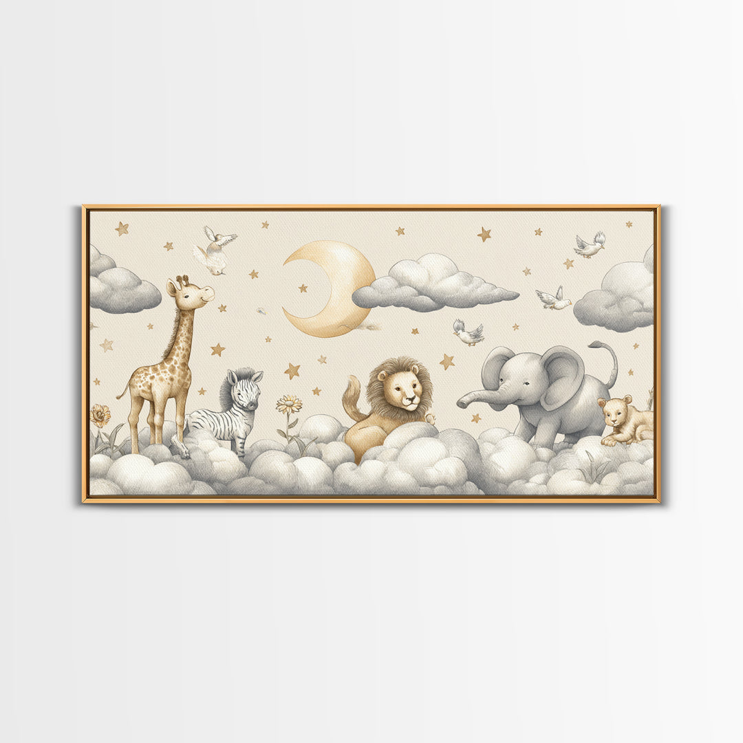 Cute Safari Animals Framed Canvas Print, Nursery Decor, Floral Wallpaper, Oil Painting, Nursery, Fine Art Print, NDE-2x1-96