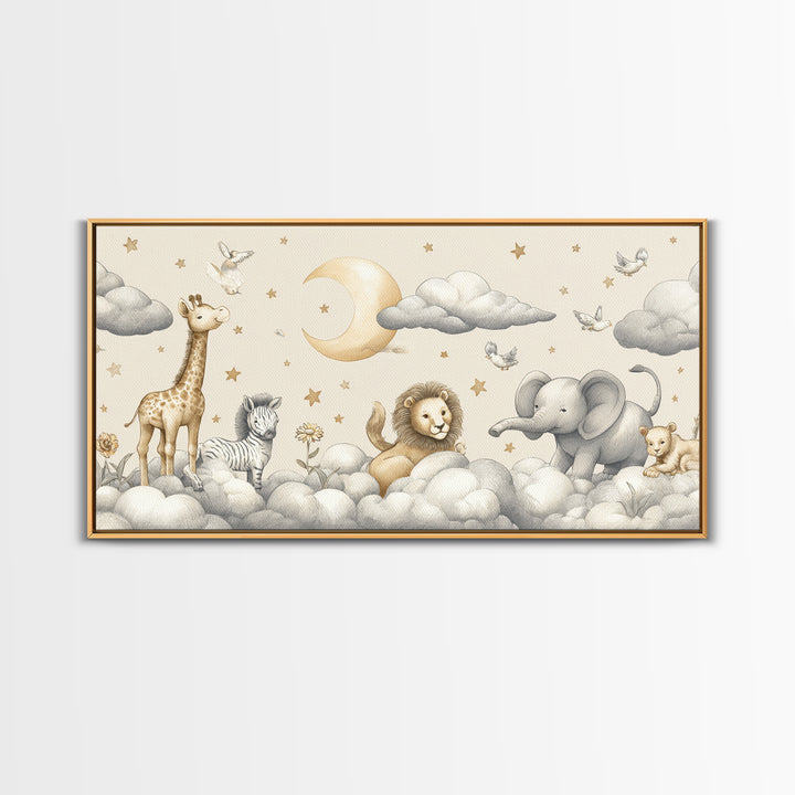 Cute Safari Animals Framed Canvas Print, Nursery Decor, Floral Wallpaper, Oil Painting, Nursery, Fine Art Print, NDE-2x1-96