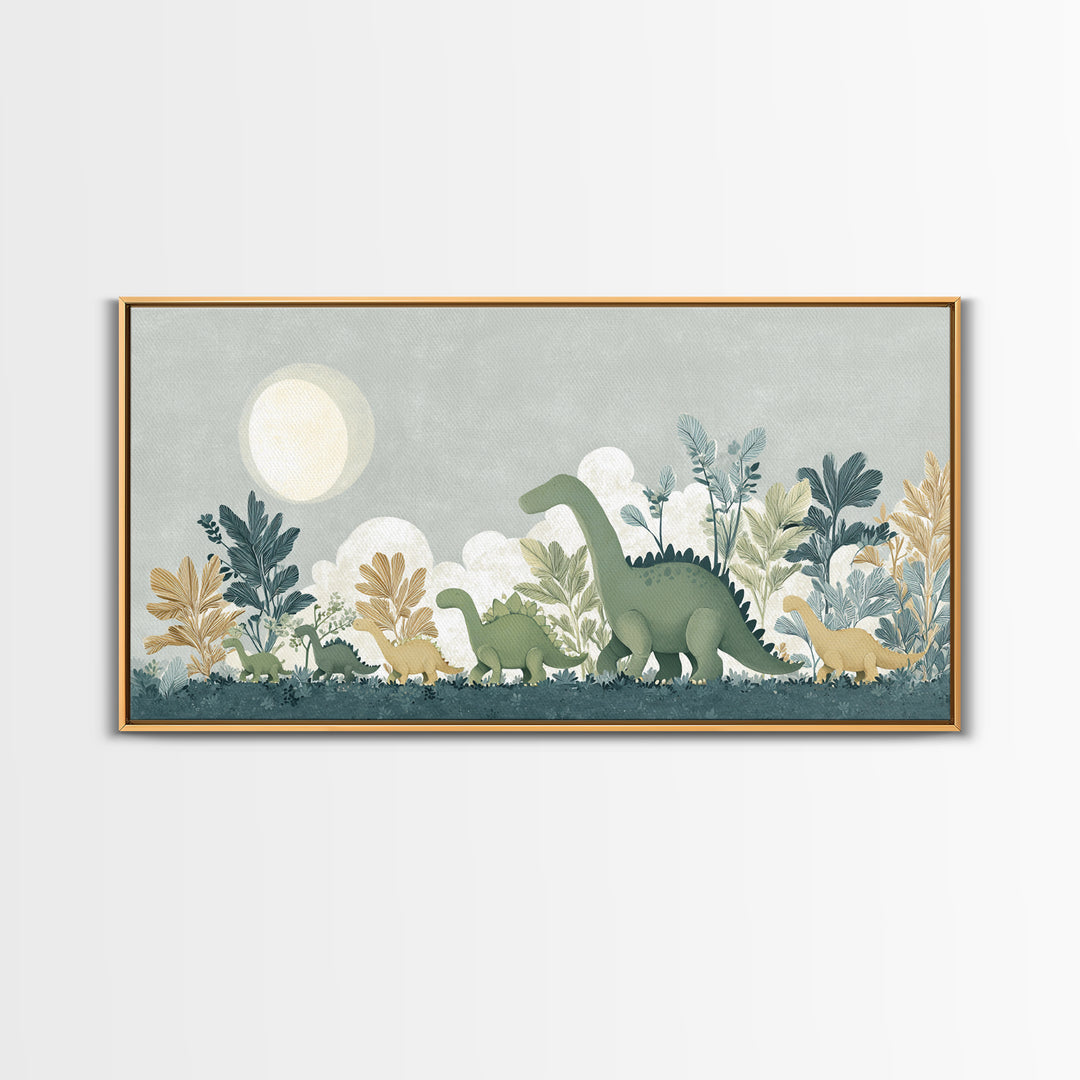 Gentle Dinosaur Family Framed Canvas Print, Nursery Decor, Floral Wall Art, Fine Art, Nursery, Gallery Decor, Neutral Decor, NDE-2x1-99