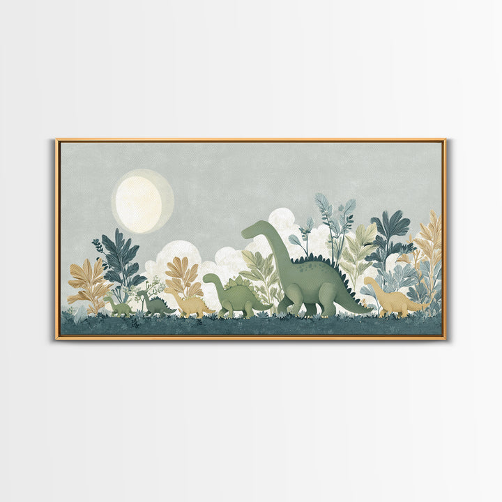 Gentle Dinosaur Family Framed Canvas Print, Nursery Decor, Floral Wall Art, Fine Art, Nursery, Gallery Decor, Neutral Decor, NDE-2x1-99