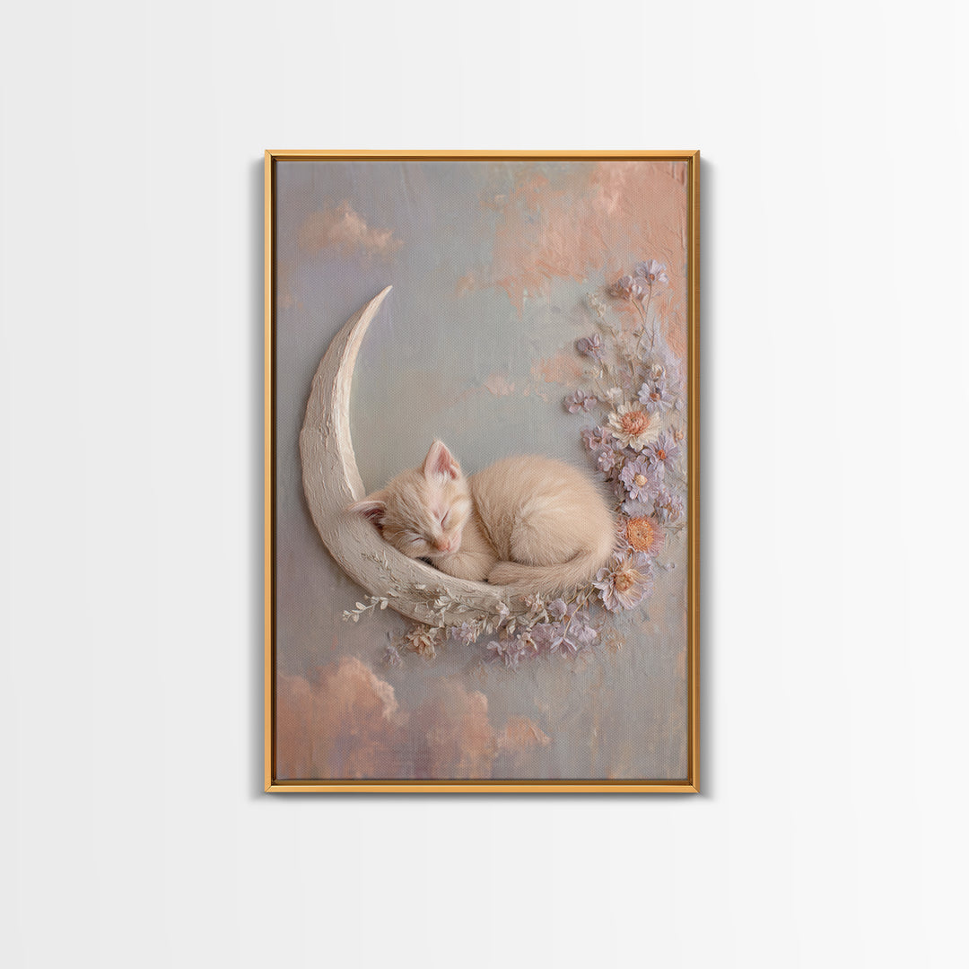 Sleeping Kitten on Crescent Moon Framed Canvas Print, Nursery Decor, Framed Wall Art, Fine Art, Nursery, Safari Nursery Decor, NDE-2x3-1