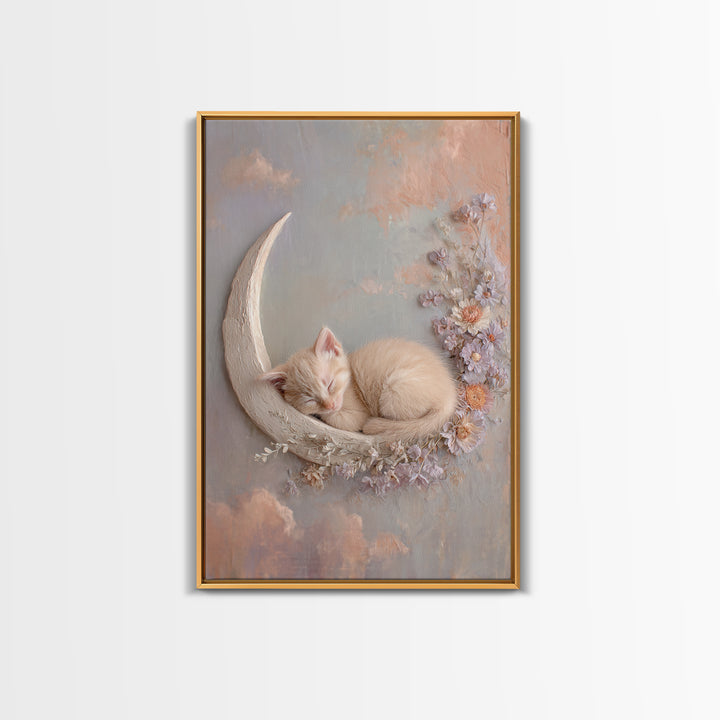 Sleeping Kitten on Crescent Moon Framed Canvas Print, Nursery Decor, Framed Wall Art, Fine Art, Nursery, Safari Nursery Decor, NDE-2x3-1