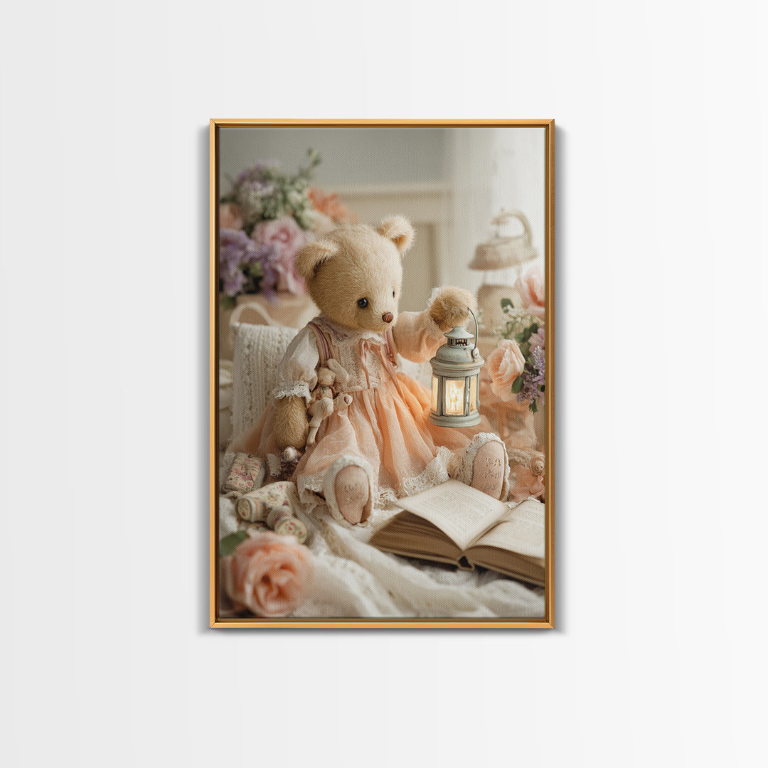 Storybook Bear with Little Lantern Framed Canvas Print, Nursery Decor, Wall Decals, Abstract Art, Nursery, Girl Nursery Decor, NDE-2x3-17
