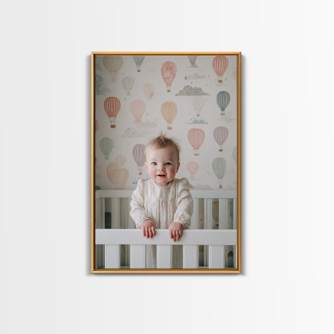 Hot Air Balloon Drifting Framed Canvas Print, Nursery Decor, Wall, Oil Painting, Nursery, Nursery Wall Decals, Woodland Nursery, NDE-2x3-20