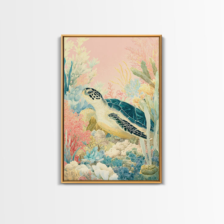 Tiny Turtle with Sea Plants Framed Canvas Print, Nursery Decor, Room Decor, Fine Art, Nursery, Framed Wall Art, Bedroom Decor, NDE-2x3-3
