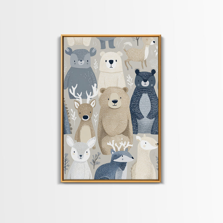 Woodland Animal Parade Framed Canvas Print, Nursery Decor, Canvas, Fine Art, Nursery, Playroom Decor, Floral Wall Art, NDE-2x3-34