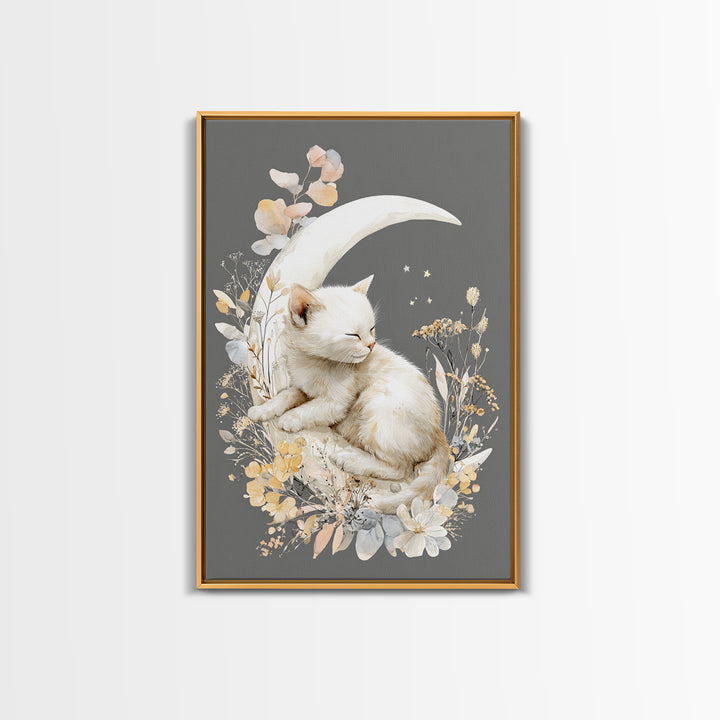 Sleeping Kitten on Crescent Moon Canvas Print, Nursery Decor, Nursery Art, Nursery, Kids Wall Art, Nursery Wall Decals, NDE-2x3-49