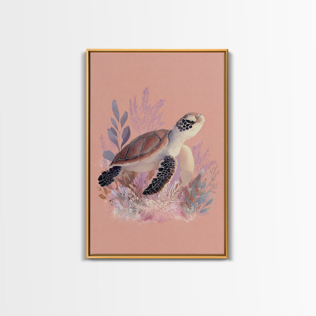 Tiny Turtle with Sea Plants Framed Canvas Print, Nursery Decor, Nursery Wall Art, Oil Painting, Nursery, Botanical Wall Art, NDE-2x3-51