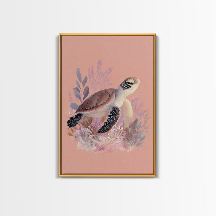 Tiny Turtle with Sea Plants Framed Canvas Print, Nursery Decor, Nursery Wall Art, Oil Painting, Nursery, Botanical Wall Art, NDE-2x3-51