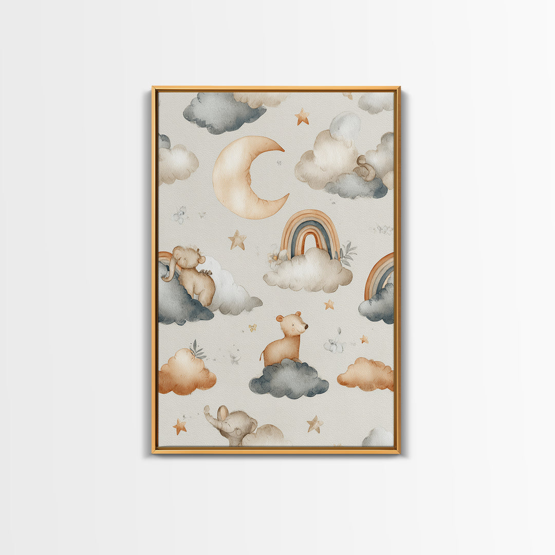 Cloud Rainbow and Raindrop Composition Framed Canvas Print, Nursery Decor, Wall Decor, Nursery, Woodland Nursery Decor, NDE-2x3-52