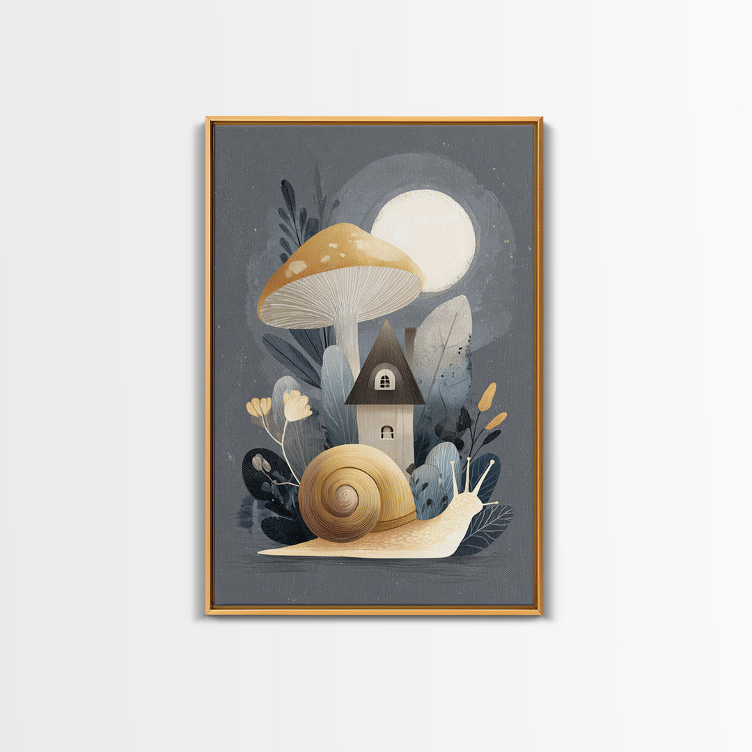 Garden Snail with Mushroom House Framed Canvas Print, Nursery Decor, Framed Wall Art, Oil Painting, Nursery, NDE-2x3-55