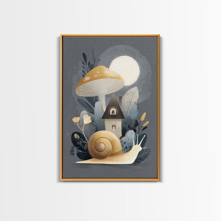 Garden Snail with Mushroom House Framed Canvas Print, Nursery Decor, Framed Wall Art, Oil Painting, Nursery, NDE-2x3-55