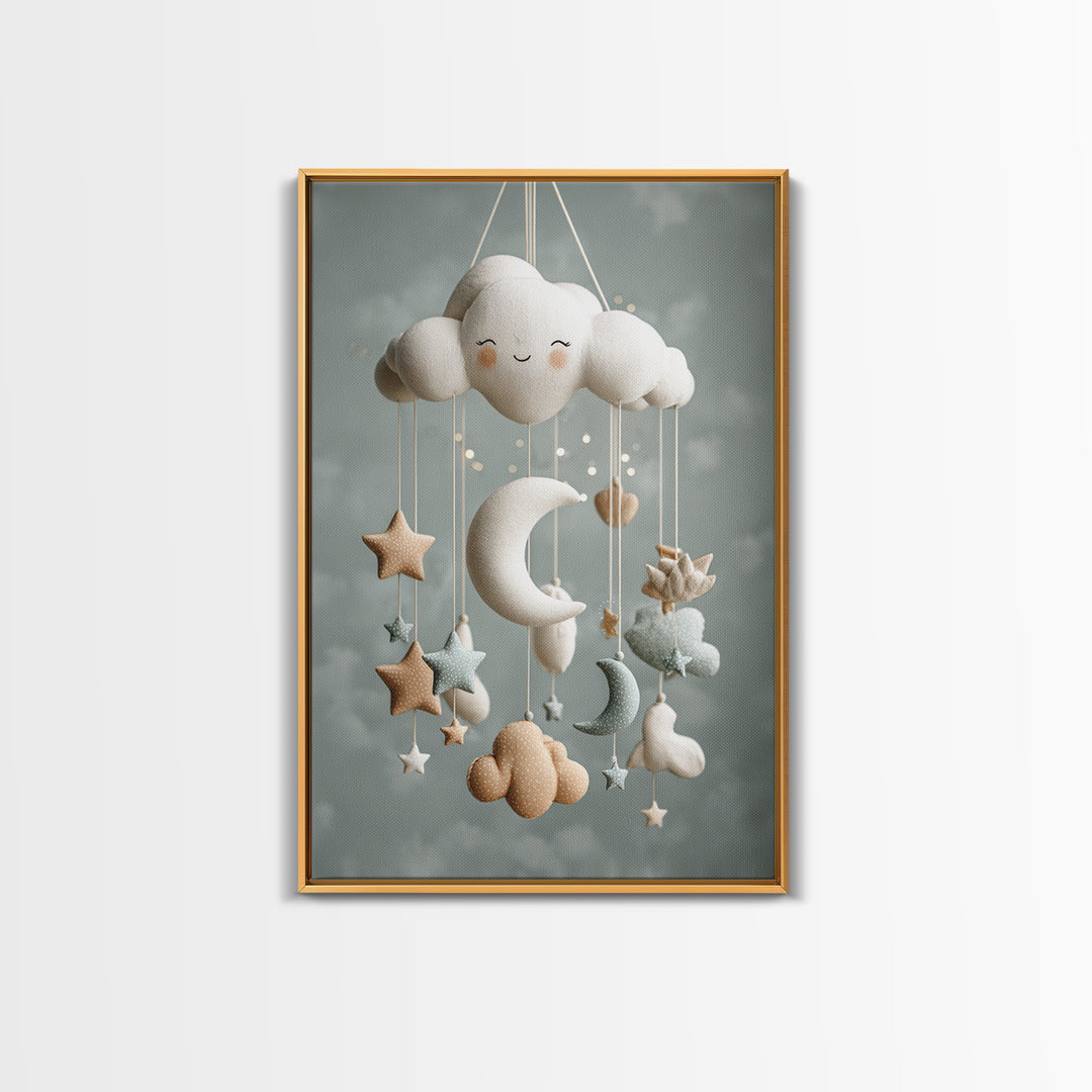Moon Phase Mobile Framed Canvas Print, Nursery Decor, Wall, Oil Painting, Nursery, Nursery Wall Decals, Woodland Nursery, NDE-2x3-59
