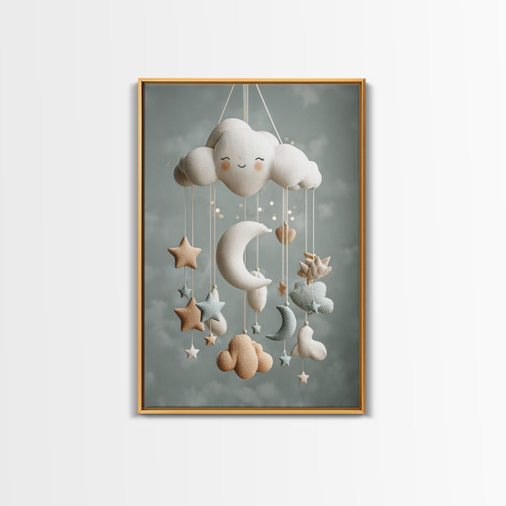 Moon Phase Mobile Framed Canvas Print, Nursery Decor, Wall, Oil Painting, Nursery, Nursery Wall Decals, Woodland Nursery, NDE-2x3-59