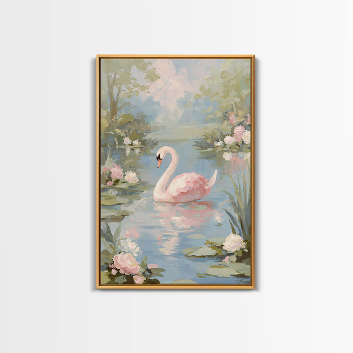 Pink Swan on Calm Pond Framed Canvas Print, Nursery Decor, Floral Wall Art, Fine Art, Nursery, Gallery Decor, Neutral Decor, NDE-2x3-69