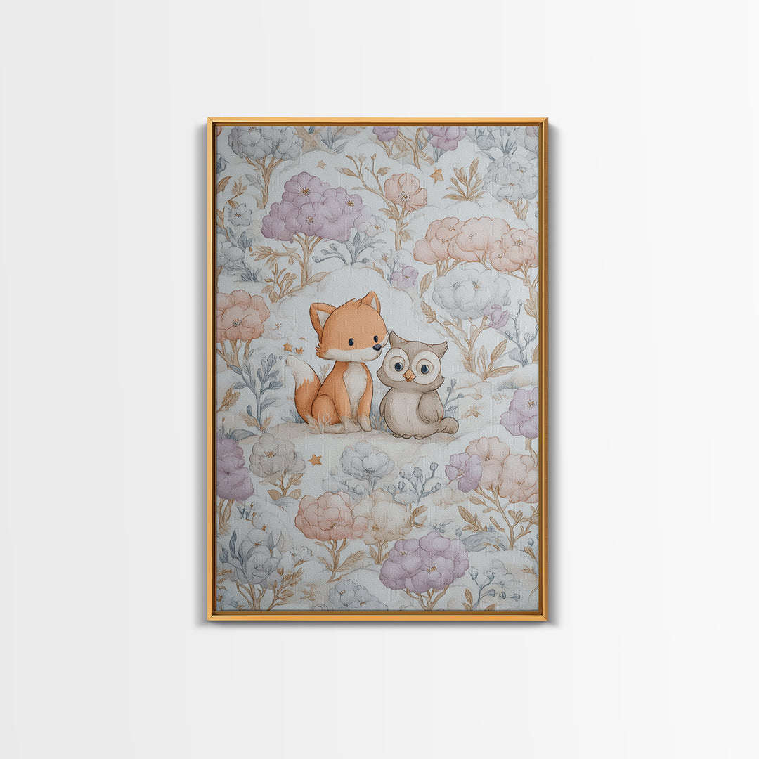 Fox and Owl Friends Canvas Print, Nursery Decor, Framed Wall Art, Oil Painting, Nursery, Safari Nursery Decor, Floral Wallpaper, NDE-2x3-70