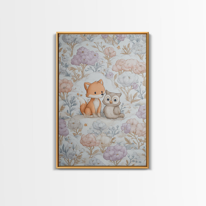Fox and Owl Friends Canvas Print, Nursery Decor, Framed Wall Art, Oil Painting, Nursery, Safari Nursery Decor, Floral Wallpaper, NDE-2x3-70