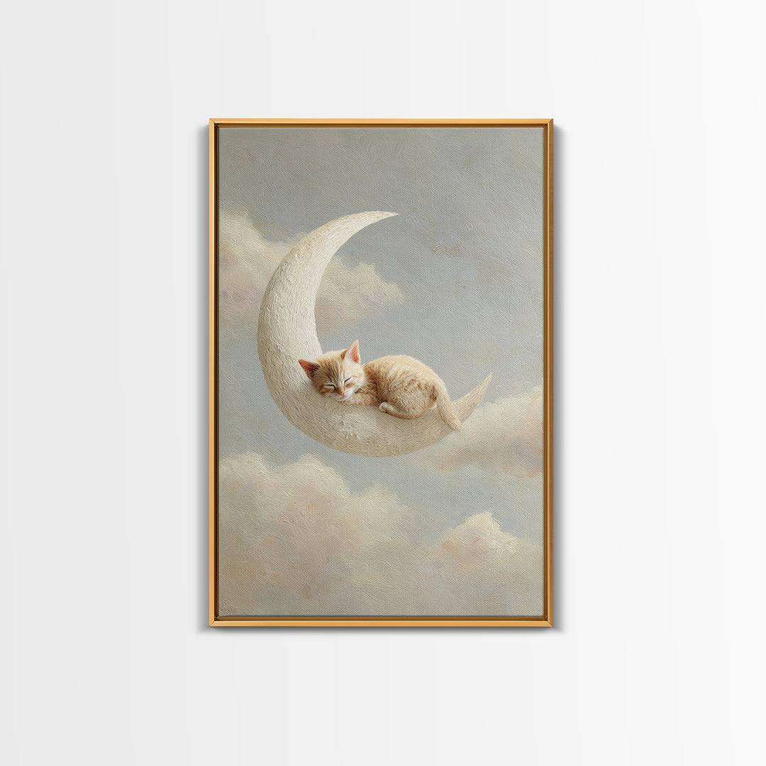 Sleeping Kitten on Crescent Moon Framed Canvas Print, Nursery Decor, Botanical Wall Art, Fine Art, Nursery, Neutral Decor, NDE-2x3-73