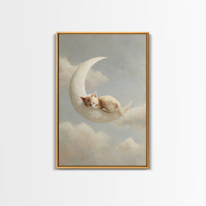 Sleeping Kitten on Crescent Moon Framed Canvas Print, Nursery Decor, Botanical Wall Art, Fine Art, Nursery, Neutral Decor, NDE-2x3-73