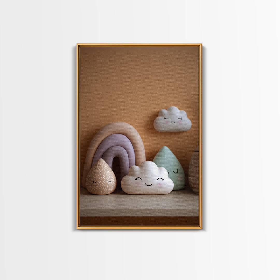 Cloud Rainbow and Raindrop Composition Framed Canvas Print, Nursery Decor, Nursery Name Sign, Fine Art, Nursery, Luxury Decor, NDE-2x3-76