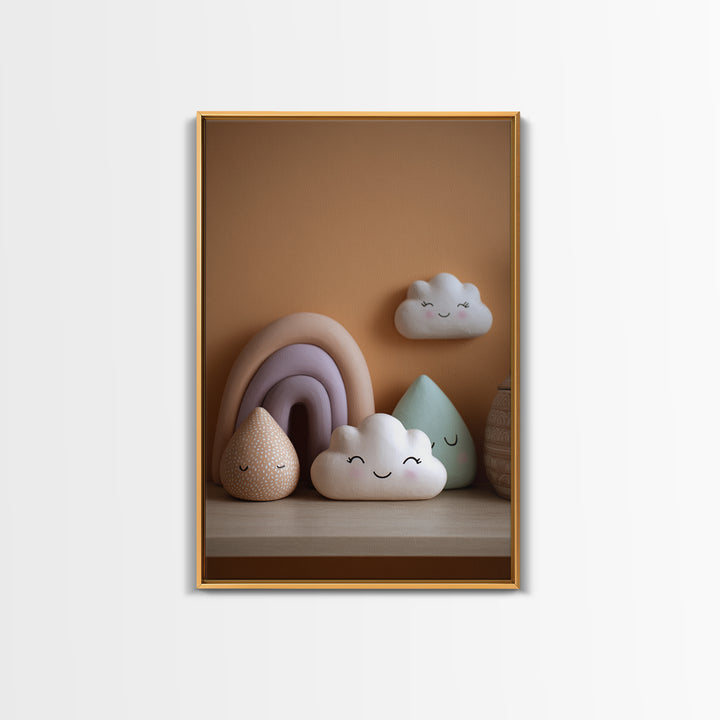 Cloud Rainbow and Raindrop Composition Framed Canvas Print, Nursery Decor, Nursery Name Sign, Fine Art, Nursery, Luxury Decor, NDE-2x3-76