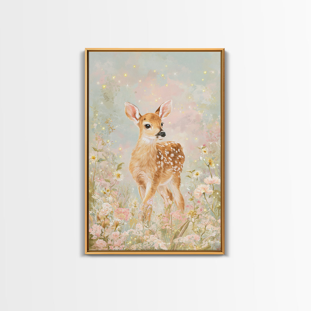 Baby Deer in Meadow with Fireflies Framed Canvas Print, Nursery Decor, Wall Decal, Nursery, Wall Light, Girl Nursery Decor, NDE-2x3-78