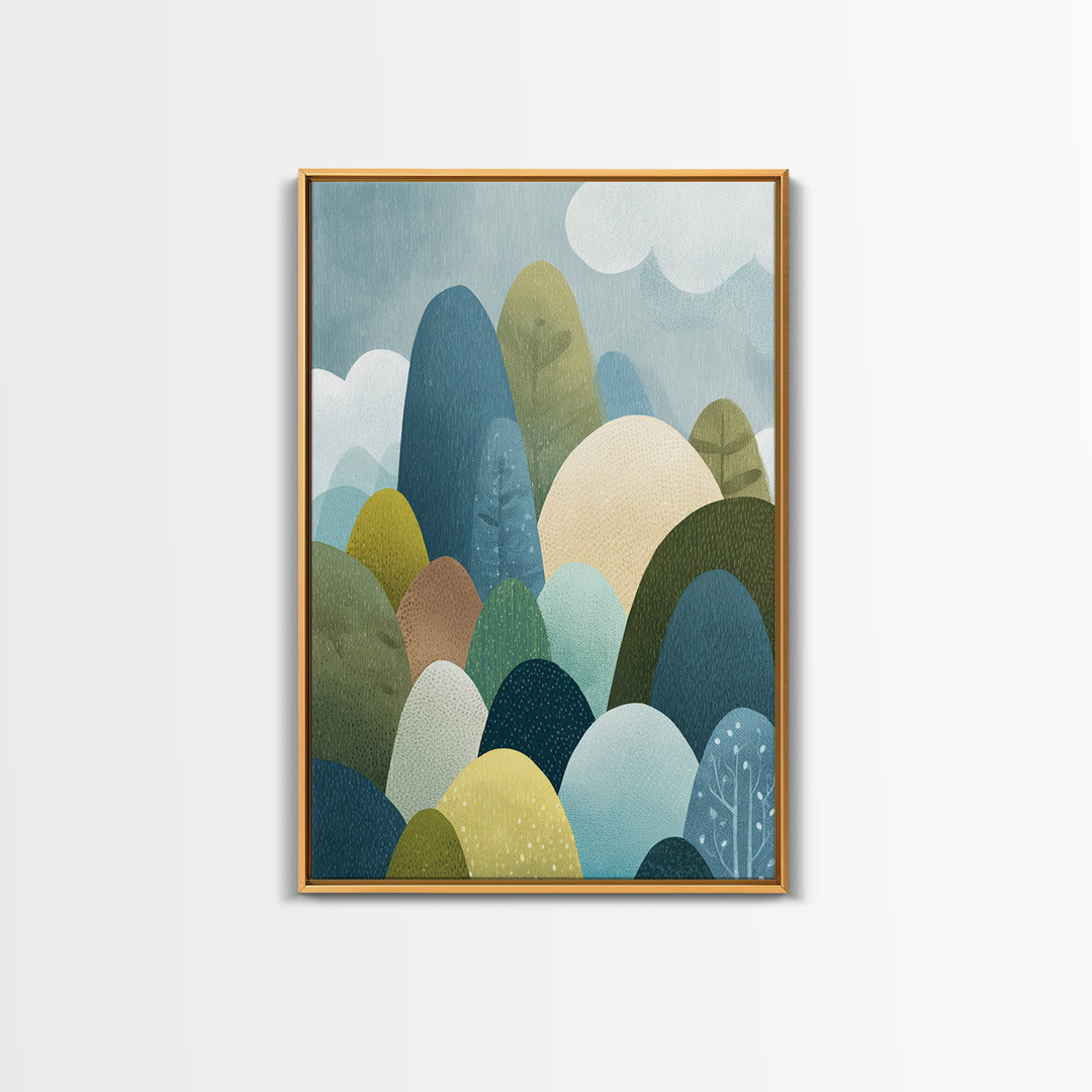 Calm Mountain Nursery Landscape Framed Canvas Print, Nursery Decor, Bedroom Decor, Fine Art, Nursery, Floral Wallpaper, NDE-2x3-80