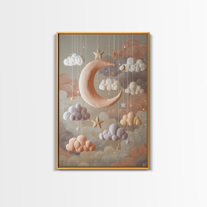 Moon Phase Mobile Framed Canvas Print, Nursery Decor, Kids Wall Art, Abstract Art, Nursery, Room Decor, Textured Painting, NDE-2x3-83