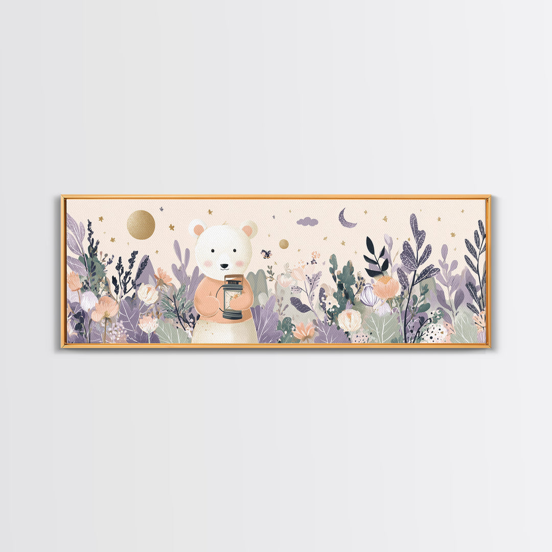 Storybook Bear with Little Lantern Framed Canvas Print, Nursery Decor, Safari Nursery Decor, Fine Art, Nursery, Modern Decor, NDE-3x1-1