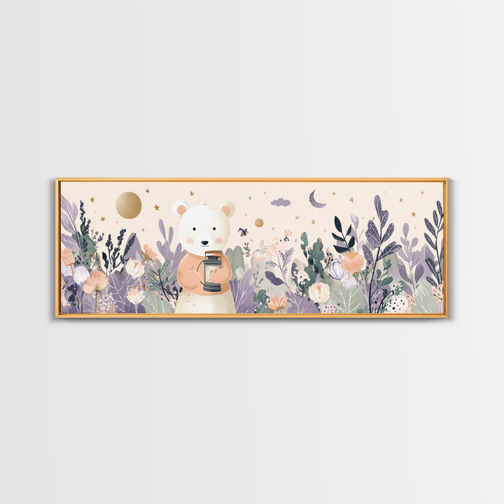 Storybook Bear with Little Lantern Framed Canvas Print, Nursery Decor, Safari Nursery Decor, Fine Art, Nursery, Modern Decor, NDE-3x1-1