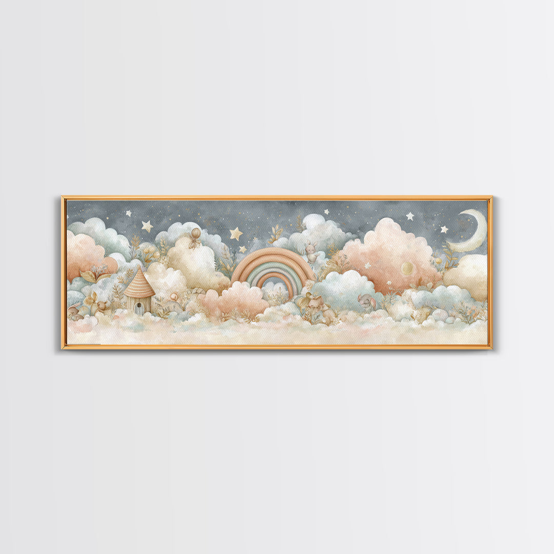Cloud Rainbow and Raindrop Composition Framed Canvas Print, Nursery Decor, Nursery Name Sign, Fine Art, Nursery, Luxury Decor, NDE-3x1-12