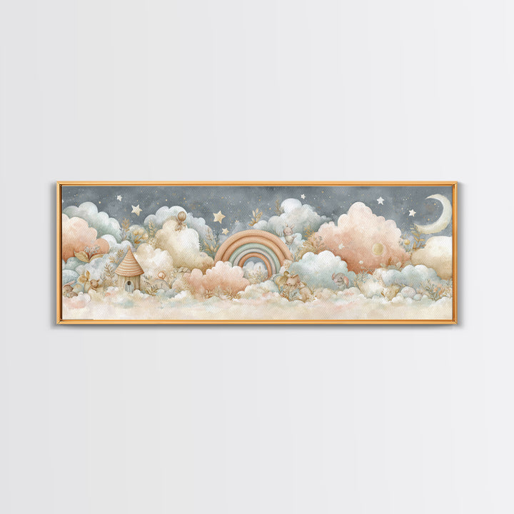 Cloud Rainbow and Raindrop Composition Framed Canvas Print, Nursery Decor, Nursery Name Sign, Fine Art, Nursery, Luxury Decor, NDE-3x1-12