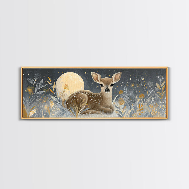 Baby Deer in Meadow with Fireflies Canvas Print, Nursery Decor, Modern Decor, Fine Art, Nursery, Wall Decor, Art Print, NDE-3x1-14