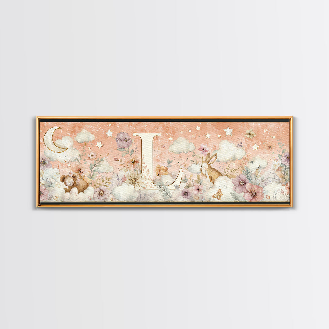 Soft Floral Initial Frame Without Letters Canvas Print, Nursery Decor, Woodland Nursery Decor, Nursery, Nursery Wall Decal, NDE-3x1-26