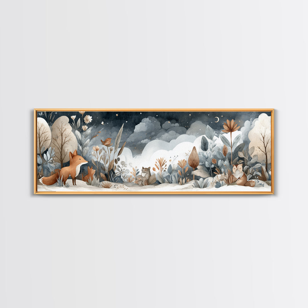 Fox and Owl Friends Canvas Print, Nursery Decor, Canvas, Fine Art, Nursery, Playroom Decor, Floral Wall Art, Botanical Wall Art, NDE-3x1-30