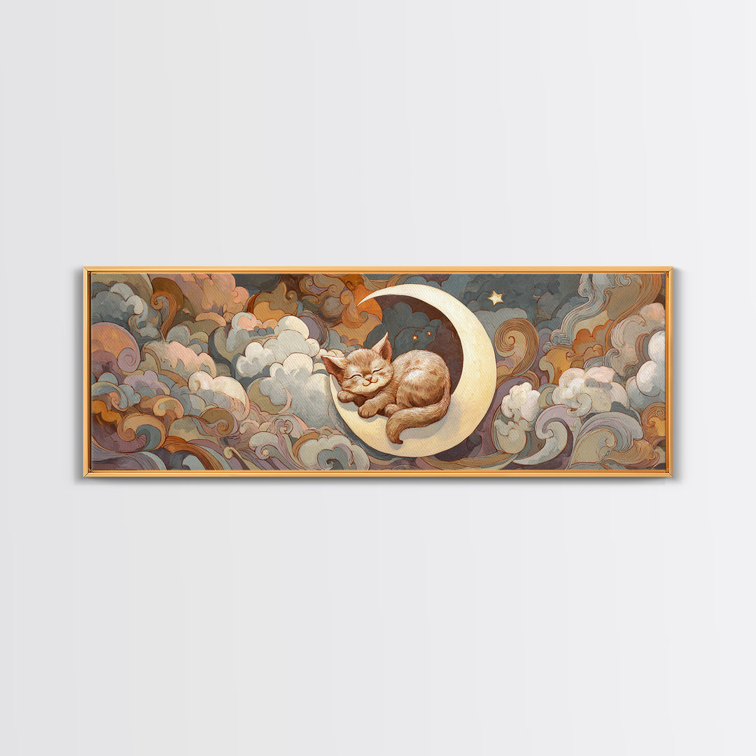 Sleeping Kitten on Crescent Moon Canvas Print, Nursery Decor, Wall Light, Fine Art, Nursery, Statement Artwork, Boho Decor, NDE-3x1-33