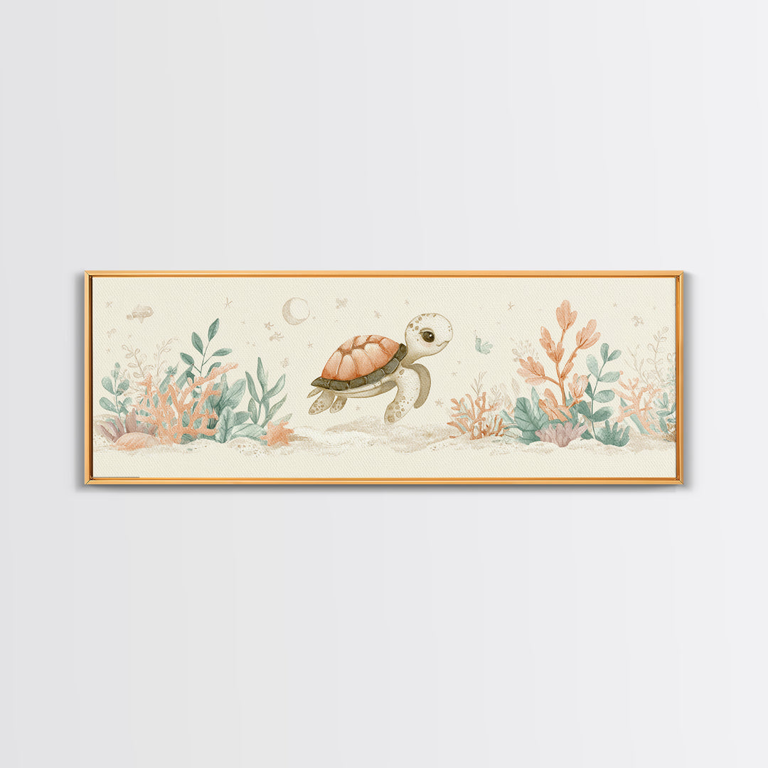Tiny Turtle with Sea Plants Canvas Print, Nursery Decor, Minimalist Decor, Fine Art, Nursery, Wall Decals, Nursery Wall Decor, NDE-3x1-35