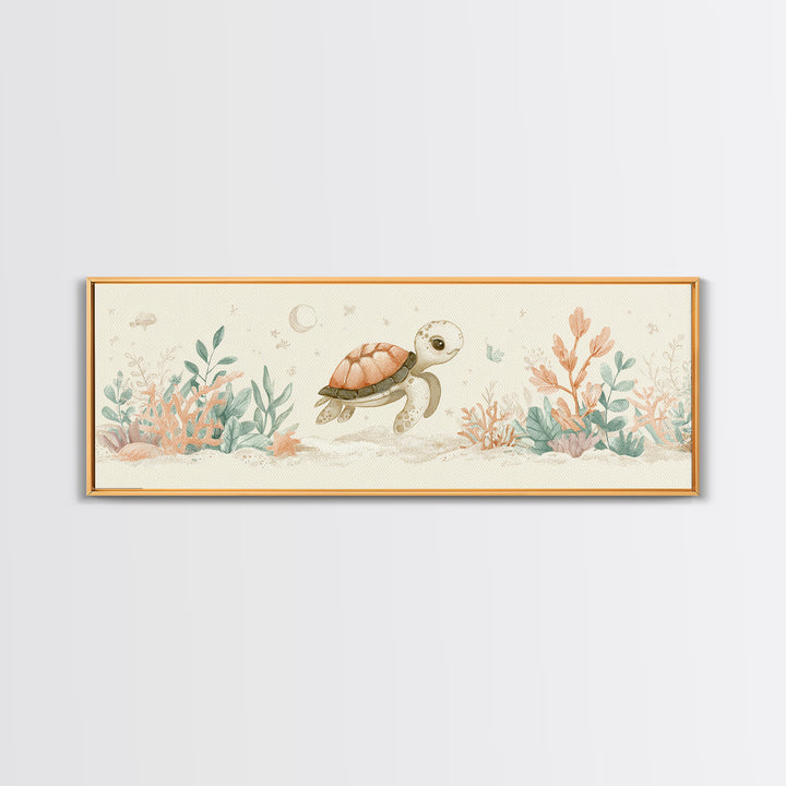 Tiny Turtle with Sea Plants Canvas Print, Nursery Decor, Minimalist Decor, Fine Art, Nursery, Wall Decals, Nursery Wall Decor, NDE-3x1-35
