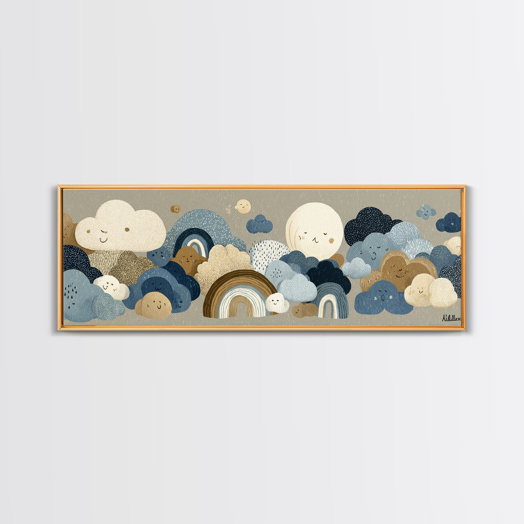 Cloud Rainbow and Raindrop Composition Canvas Print, Nursery Decor, Gallery Decor, Fine Art, Nursery, Wall Art, Home Decor, NDE-3x1-36