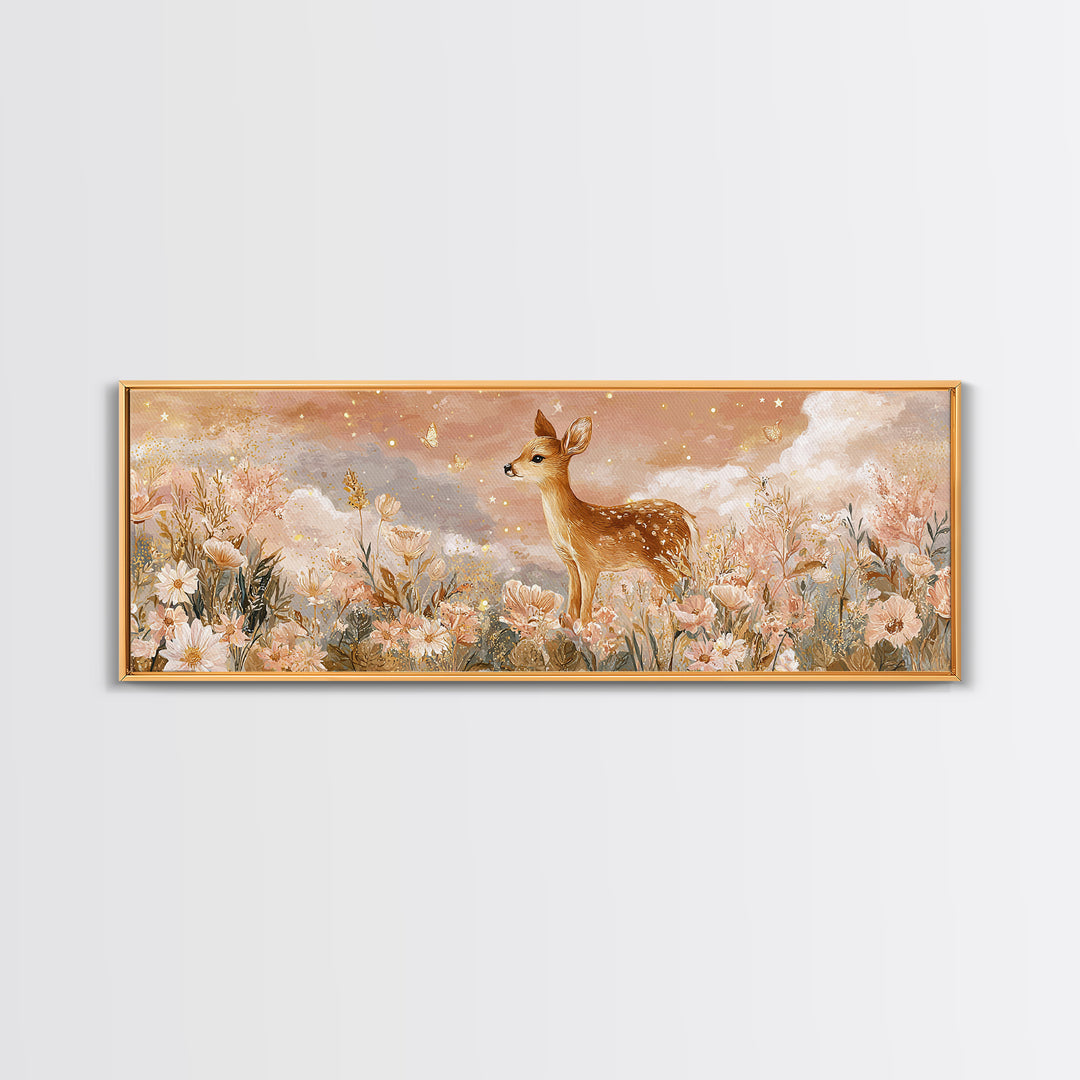 Baby Deer in Meadow with Fireflies Canvas Print, Nursery Decor, Nursery Wall Decor, Oil Painting, Nursery, Nursery Name Sign, NDE-3x1-38