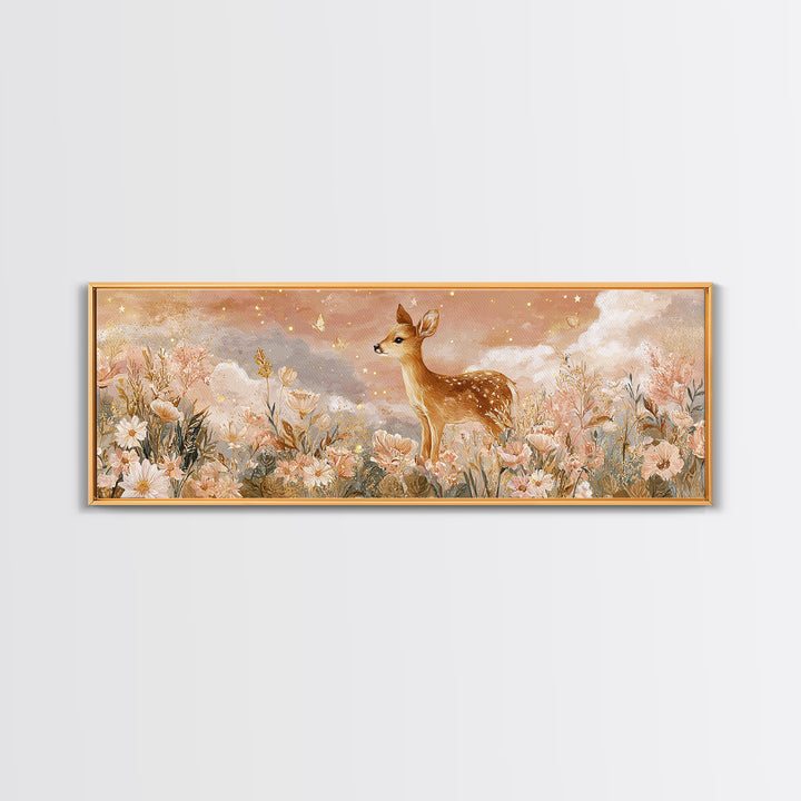 Baby Deer in Meadow with Fireflies Canvas Print, Nursery Decor, Nursery Wall Decor, Oil Painting, Nursery, Nursery Name Sign, NDE-3x1-38