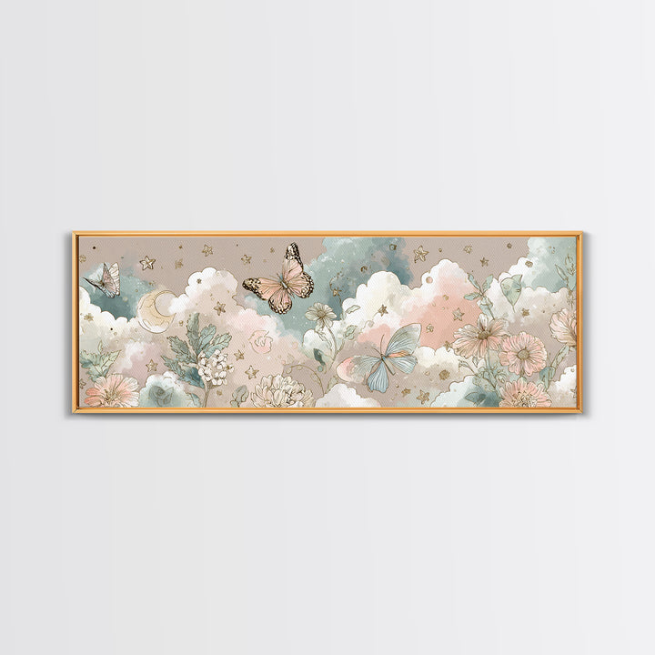 Pastel Butterfly and Wildflower Pattern Framed Canvas Print, Nursery Decor, Minimalist Decor, Oil Painting, Nursery, NDE-3x1-56